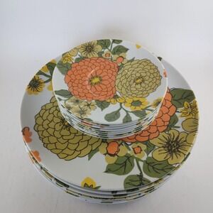 Vtg Texas Ware Dinner & Dessert Plates Set 60s 70s Mod Floral‎ MCM Orange Yellow